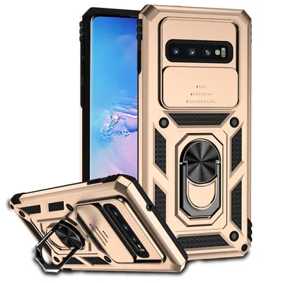 Immagine prodotto di Custodia per Samsung Galaxy S10 Plus a doppio strato con copertura scorrevole della fotocamera e supporto ad anello Oro