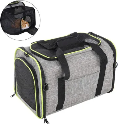Produktbild von Hundebox Katzebox Haustier-Transporttasche, atmungsaktive, tragbar, Verstellbare Schultergurte, Plueschmatte, Taschengröße: 48 * 30 * 31 cm, Grau