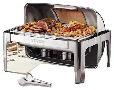 Image de VEVOR Hot Pot Set, chauffe-plats en acier inoxydable avec 2 casseroles semi-grandes (3,9 L), support de casserole d'eau et étagère à combustible pour les fêtes, Argent