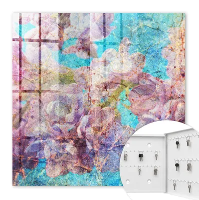 Produktbild von Metall Schlüsselkasten 30 x 30 cm - weißer Schlüsselschrank zur Wandmontage - wandhängende Schlüsselbox mit Tür - rechts öffnend - Schlüsselaufbewahrung für Flur - Büro - Arbeitszimmer - Werkstatt - Garage - Bunte Blumen