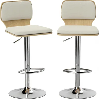 Image de Lot de 2 tabourets de bar - Tabourets de bar de cuisine - Rotatifs à 360° - Réglables en hauteur de 81 à 102 cm - Revêtement en lin - Assise rembourrée - Structure métallique - Avec dossier - Beige