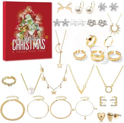 Produktbild von Adventskalender 2025 Frauen Mädchen Weihnachtskalender 24 Überraschungen Gold Ohrringe Halsketten Ringe Armbänder Countdown Kalender Adventskalender