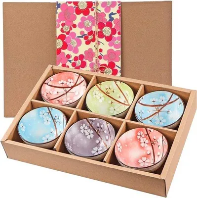 Produktbild von Famanu Set von 6 Porzellan-Schalen, Sakura Design - Japanische Keramische Schalen für Müsli, Suppe und Dessert