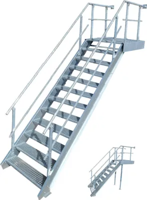 A metal staircase with railings and a platform, shown against a white background.