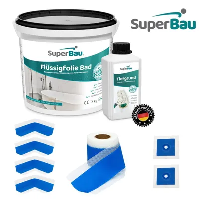 Produktbild von Superbau Dichtset - Flüssigfolie 7 kg, Tiefengrund 1L, Dichtband 10m, 4x Innenecke, 2x Manschette, Bad & Dusche Abdichtung Set, Wasserdicht, Grau