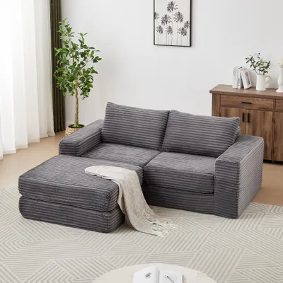 Produktbild von Corduroy-2-in-1-Schlafsofa,mit zwei Kissen, klassischen quadratischen Armlehnen, abnehmbarem Hocker, modulares Sofa mit flexibler Konfiguration,Grau