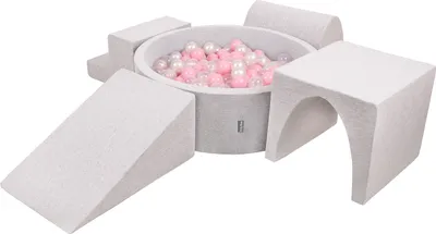 Obrázok produktu pre KiddyMoon Mäkké penové ihrisko pre deti s guľatým loptičkovým ihriskom (200 ∅ 7 cm) s mäkkými prekážkami a loptičkovým bazénom,  vyrobené v EÚ, Svetlo sivá:Púdrovo ružová/Perla/Transparen