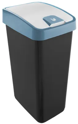 A black trash can with a blue lid and a white button on the lid.