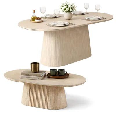 Produktbild von HOOZ® Couchtisch & Esstisch Set oval – Keramikplatte, Travertin-Optik – Sofatisch 130x70 cm & Esstisch 180x90 cm – maßiver Säulenfuß – pflegeleicht