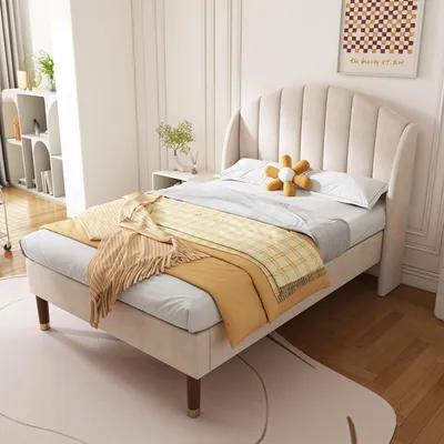 Zdjęcie produktu dla Łóżko tapicerowane, 90 x 200 cm, z tapicerowanym zagłówkiem, stelażem, idealne do pokoju dziecięcego i młodzieżowego, obicie z weluru, kolor beżowy