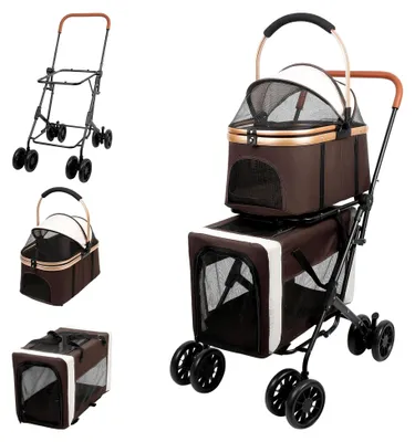 Produktbild von 2 in 1 Hundewagen, Hundebuggy, Doppelstöckiger Haustierbuggy für Katzen und kleine Hunde, Jogger Buggy mit Netzfenstern, Bis 40 kg (Kaffeebraun)