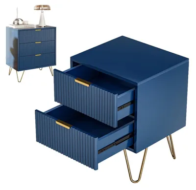 Image de Table de chevet avec 2 tiroirs, bleu et or, pieds en métal, table d'appoint