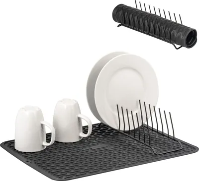 Produktbild von eluno Abtropfmatte inkl. Abtropfgestell, rutschfeste Silikonmatte 33,5 x 43 cm, platzsparend, hitzebeständige Spülbeckenmatte mit Geschirrtrockner für 9 Teller, schwarz