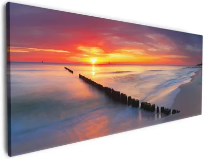 Produktbild von Wallario Premium Leinwandbild Farbenspiel im Himmel - Sonnenuntergang am Strand in Größe 80 x 200 cm
