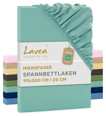 Zdjęcie produktu dla Lavea® Elastyczny pokrowiec na materac 90x200 cm, wykonany z mikrofibry, z gumką wszytą po obwodzie, przeznaczony do materacy o grubości do 20 cm, oddychający i zapewniający uczucie chłodu, łatwy w pielęgnacji, 1 sztuka, zapach eukaliptusa