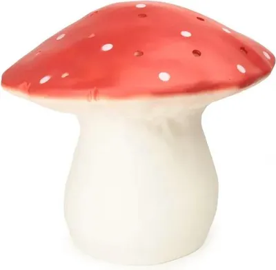 A red and white mushroom-shaped lamp.