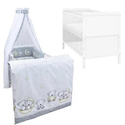 Produktbild von Baby-Delux Babybett Kinderbett Jack Umbaubar 140x70 Weiß Beißschienen Bettset Komplett mit Motiv Teddy Mond Grau