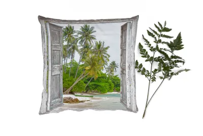 Produktbild von MuchoWow® Zierkissen Sofakissen Wohnzimmer Dekokissen 50x50 cm Tropisch - Palme - Blick - Meer - Komfort - Sofakissen