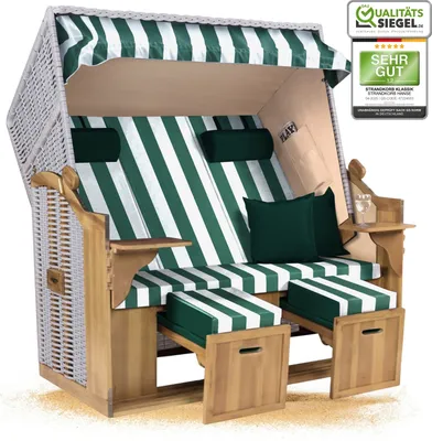 Produktbild von Strandkorb Ostsee 2,5-Sitzer 150cm breit in Beige Grün Weiß Blockstreifen Zerlegt ideal für Balkon, Terrasse oder Garten