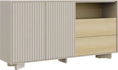 Image de Selsey Distria – Buffet avec tiroirs et façade rainurée Gris cachemire / aspect bois de chêne, 156 cm