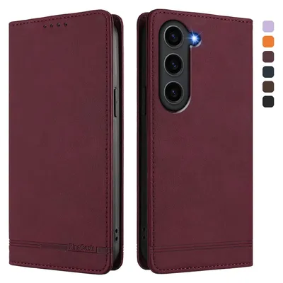 Image de Etui pour Samsung Galaxy S23+, étui rétro en cuirPolyuréthaneavec support et fentes pour cartes de crédit Rouge