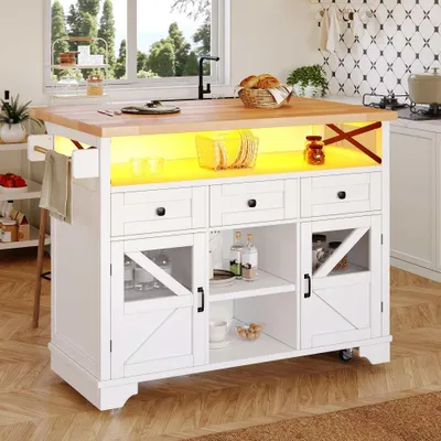 Zdjęcie produktu dla Wózek kuchenny z oświetleniem LED i składanym blatem, mobilna wyspa do kuchni/baru, wózek do serwowania na kółkach, pojemny mebel z trzema szufladami i dwojgiem drzwi, biały