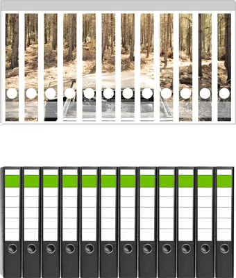 Produktbild von Wallario 12 Stück schmale Ordner inkl. Klebeetiketten mit Motive Verrosteter Oldtimer im Wald -  Set mit Rückenschildern / Ordnerrücken Stickern