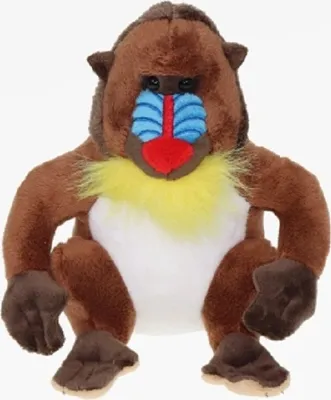 A plush toy mandrill is shown from the front against a white background.