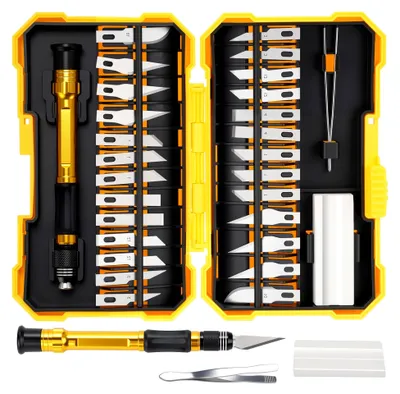 Produktbild von 29-teiliges Skalpellset, Schnitzmesser-Set für Holz, Leder und Modellbau, Präzisions-Bastelmesser, Gravierwerkzeuge, 1 Tranchiermesser, 26 Klingen, 1 Pinzette, 1 Schleifstein, DIY