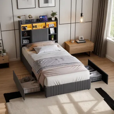 Immagine prodotto di Letto matrimoniale INONEFT 90x200 con spazio contenitore, design moderno imbottito con illuminazione LED, funzione di ricarica USB, letto per giovani con 2 cassetti, tessuto in lino, senza materasso, colore grigio