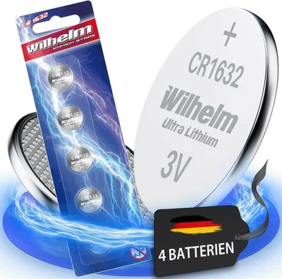 A blister pack of CR1632 lithium coin cell batteries with a single battery shown separately, surrounded by blue electrical energy effects.