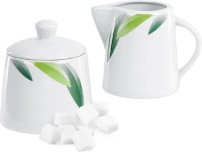 Produktbild von Van Well Siena 2tlg Set Zuckerdose mit Deckel, Ø 95 mm + Milchkännchen, 220 ml, Blattdekor,Porzellan