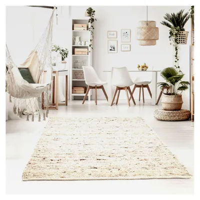 Produktbild von Handgewebter Teppich Oslo aus Wolle im skandinavischen Landhausstil für Wohnzimmer, Esszimmer, Schlafzimmer und Flur, beidseitig nutzbar, 070x240 cm, Sand Multi