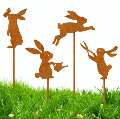 4 Osterhasen-Gartenstecker aus Eisen, rostbraun, wetterfest
