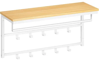 Obrázok produktu pre Nástenná vešiaková skrinka s odkladacím priestorom a 10 háčikmi, rozmer 80x30x42 cm, farba: biela/prírodné drevo