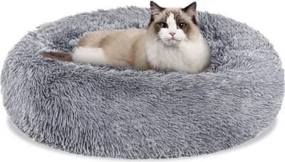 Produktbild von ISOISL Rundes Hundebett Katzenbett Ø 60 cm, Langplüsch, rutschfester Boden, Hellgrau