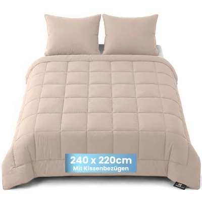 Produktbild von Slaapspeciaal Bettdecke ohne Bezug 240x220cm - Ganzjahresdecke Extra lang - Steppdecke inkl. 2 Kissenbezüge - Beige