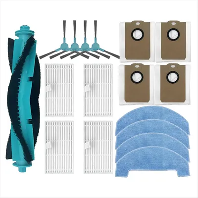 A collection of robot vacuum cleaner accessories laid out on a white background.