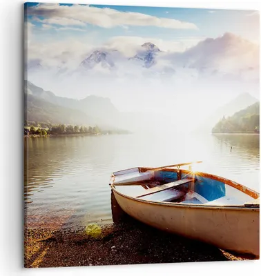 Produktbild von Bild auf Leinwand - Leinwandbild - Berge See Boot - 50x50cm - Wand Bild - Wanddeko - Wandbilder - Leinwanddruck - Bilder - Kunstdruck - Wanddekoration - Leinwand bilder - Wandkunst - AC50x50-3927
