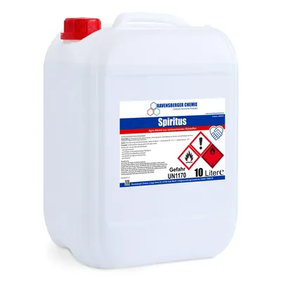Produktbild von Ravensberger Chemie Spiritus 10 Liter Kanister – Alkohol zum Reinigen, Entfetten & als Brennstoff für Campingkocher, Fondue, Haushalt & Werkstatt