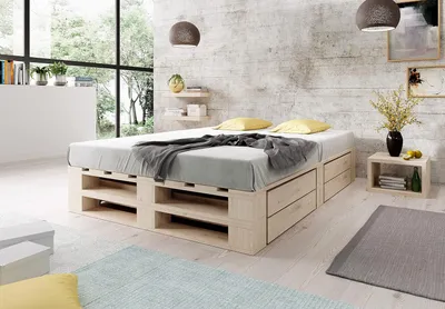 Produktbild von sunnypillow Palettenbett M2 aus Holz 200 x 200 cm mit Lattenrost und 2 Bettkästen. Doppelbett, Familienbett - erhöhtes Ehebett Bettgestell Futonbett