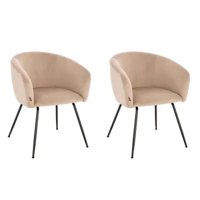 Two beige upholstered chairs with black metal legs are shown against a white background.