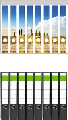 Produktbild von Wallario 8 Stück schmale Ordner inkl. Klebeetiketten mit Motive Italien - Toskana unter blauem Himmel  einsame Farm -  Set mit Rückenschildern / Ordnerrücken Stickern