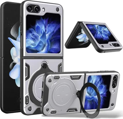 Produktbild von Handyhülle für Samsung Galaxy Z Flip 5 Dual-Layer Stoßfest Rüstung Hülle mit Dia Kameraschutz und Kreisförmig Ring Ständer Silber
