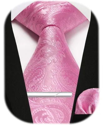 Produktbild von Herren Krawatten-Set mit Einstecktuch und Krawattennadel Paisley Rosa