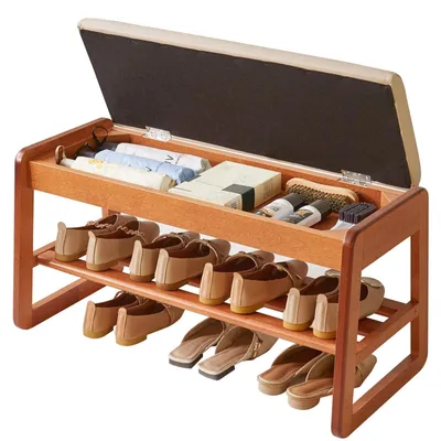 Zdjęcie produktu dla Ławka na buty z składanym schowkiem - 2-poziomowy regał na buty - 80 cm - poduszka - wiśnia
