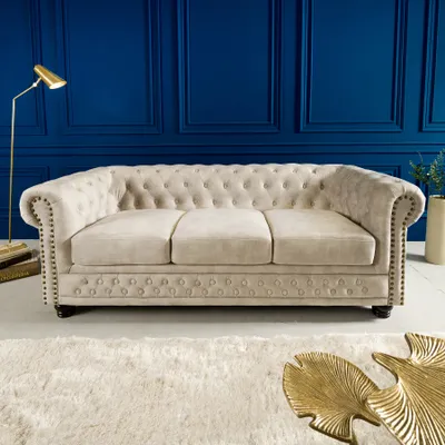 Produktbild von Chesterfield 3er Sofa 200cm Samt champagner 3-Sitzer mit Knopfheftung und Federkern