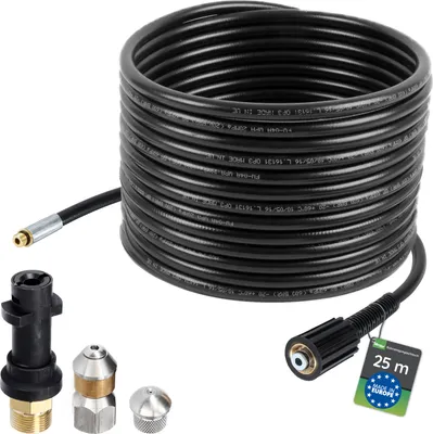 Produktbild von McFilter | Hochdruckschlauch Rohrreinigungsschlauch, 25m, 160 bar, kompatibel mit Kärcher, K2, K3, K4, K5, K6, inkl. Adapter, Düsen starr + rotierend