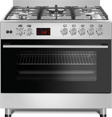 A front view of a stainless steel gas stove with an oven.