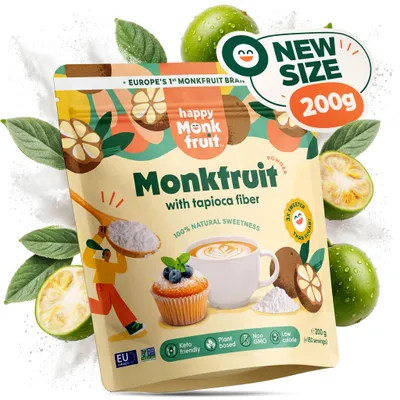 Obrázek produktu pro Happy Monkfruit Monk Fruit mnišské ovoce prášek 200 g, 150 porcí, přírodní sladkost, 3x sladší než cukr, nízkokalorický, na kávu, čaj a keto